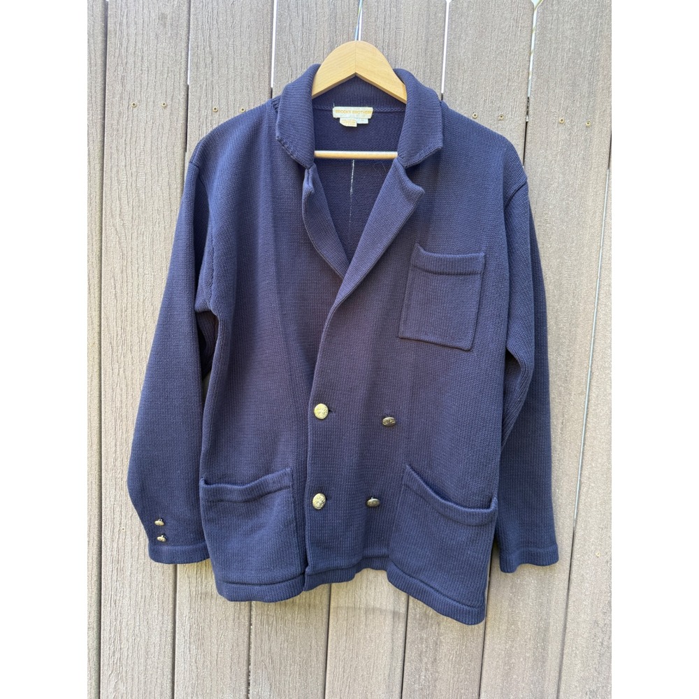 Vintage Brooks Brothers Mens Navy Blue Cotton Double Breasted Cardigan Small